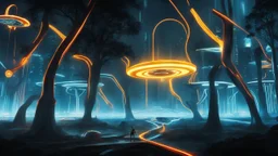 tron legacy movie, creatures,, space ships, city of the future, trees , forest, yellow, blue, red, orange