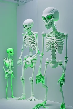 An exhibition of aliens with a white wall and green skeletons for aliens