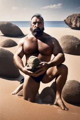 photography of a serious ugly burly strong turkish sells colored pareos on a crowded beach, 33 years old with traditional short pants, bearded, sitting on a chair, big legs, big feet, big shoulders, sunligh, photorealistic, 35mm lens, side light, ambient occlusion