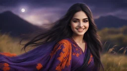 Hyper Realistic Close-up-face-view of a Beautiful Young Happy Pashto Girl with long-black-hair smiling & wearing purple-&-orange-embroidery-dress-with-black-shawl whirling with breeze, tall-grass along with a thick-tree on mountain top & cloudy-moonlight at night showing dramatic & cinematic ambiance