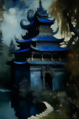 A dark blue dragon palace painted by Claude Monet