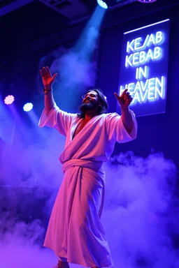 An "Kebab man" performing at dance club, his name is "Kebab man" and looks crazy, Jesus on stage, White and light blue Neon lights and smog, "KEBAB IN HEAVEN" SIGN ON WALL
