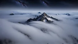 looking down from space at a misty mountain coming through the mist and surrounded by the mist at night starry sky