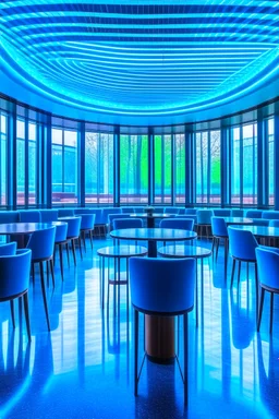 A restaurant whose outer walls are oval in shape, the color of the inside is blue, and its floor is light, with a bar table in the middle of the restaurant in the shape of an oval, containing 30 chairs, and the walls are made of tinted glass