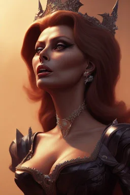 Sophia Loren as evil queen in black leather, cleavage, angry, stern look. character design by cory loftis, fenghua zhong, ryohei hase, ismail inceoglu and ruan jia. unreal engine 5, artistic lighting, highly detailed, photorealistic, fantasy