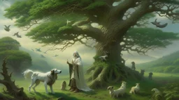 In the misty green hills of the Hibernian countryside, a wise druid tends the sacred oak tree, surrounded by sacred animals such as a majestic wolfhound, a noble white stag, and a regal eagle soaring overhead.