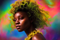40 year old black woman in a yellow dress in a photorealistic portrait style in front of a swirling psychedelic cosmic galaxy background with multicolor lights and swirls