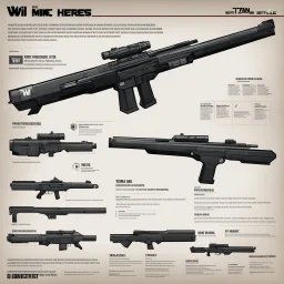 ConceptSheet for wii No More Heroes style with thick lines: A document showing The Titan Mk IV Vanguard is a state-of-the-art battle rifle designed for elite military units operating in high-stakes and off-world environments. Its robust construction, advanced targeting systems, and modular design make it a versatile and powerful weapon on the battlefield.