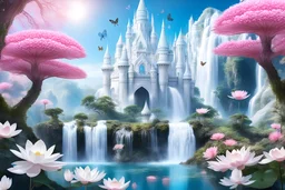 wanderful fairy and cosmic panorama with white castle, blue sky, white trees,, big waterfall in the lake,white lotus flowers, white and pink butterfly, spaceships