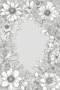 black and what floral frame for coloring pages, use only black and white, clear crisp outlines, no black background.
