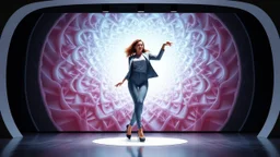 modern stage with a beautiful lady in modern clothing dancing, 3D recursive fractal structure animating background