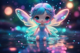 cute chibi holographic bioluminescent neon color water fairy, ethereal, cinematic postprocessing, bokeh, dof