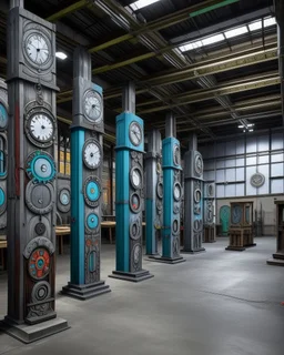 A gray factory with iron clocks designed in pacific Northwest totem poles painted by Zhang Lu
