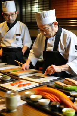 Resturant menu with Japanese chefs and sushi in the backround, different sushi menu choices