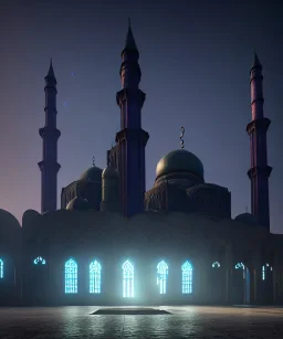 Islamic mosque deep colours in a dark setting background, post-apocalyptic , great pose,magnificent, majestic, highly intricate, Realistic photography, incredibly detailed, ultra high resolution, 8k, complex 3d render, cinema 4d.