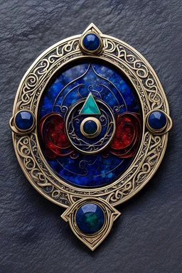 the symbol of an ancient Celtic female vampire coven , in the form of highly detailed triskele worked in lapis lazuli, emerald, and ruby, with the all seeing eye at its center lapel pin, in the graphic novel style of Bill Sienkiewicz, Jean Giraud Moebius, and Enki Bilal