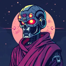 8 bit pixelart of a terminator like robot, synthwave colored, vaporware, budist monk robe