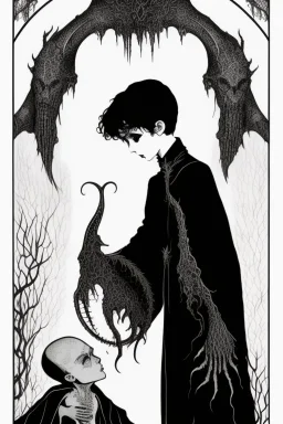 7 year old boy, necromancer, friendly, looks dead,with a long lamprey emerging from his belly , wearing black robes, in the style of Harry Clarke