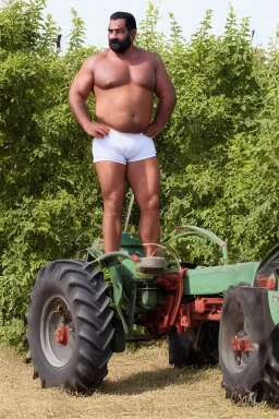 full body of a 50 years old muscular chubby arab farmer shirtless with a very big bulge and hairy under the sun near a tractor hyper-realistic