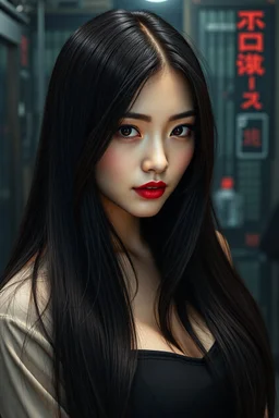 Beautiful Japanese woman, very long black hair, very serious, funny, red lips, black eyes, nice body, big bubs, with dark and gloomy technological background, high image quality, good understanding of artificial intelligence to create the image.