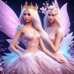 cute fantasy fairy with luminous wings, smiling, make up, long platinum blond hair with crown and flowers, pink dress, unreal engine