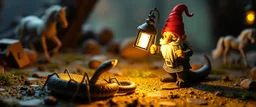 air brush 3d with pen outline, In the background, another tiny human gnome carrying an absurdly powerful lantern suddenly shines a bright spotlight directly onto the snake and performs a ridiculous little victory dance. A tiny spider crawls across the board while a miniature unicorn calmly wanders through the background. Detailed miniature fantasy environment, expressive gnome faces, exaggerated physical comedy, realistic materials, cinematic camera movement, shallow depth of field, warm lantern