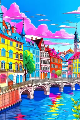 Magical colourful drawings of basel, switzerland