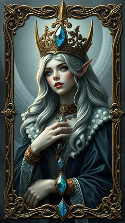 elven queen with gem card with ornate frame