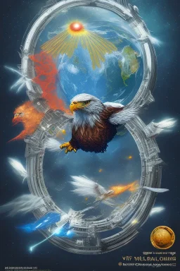 Eagle is flying in the space and is holding the earth in his claws.