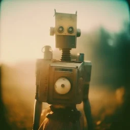 steampunk, vintage analog polaroid of a woman robot, sexy female body, fog, lomography, heavy film grain, sunset, color bleed, depth of field, bokeh, retro