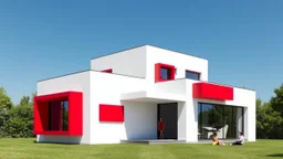 Image showcases a modern, minimalist architectural style house with a cubic layout. The building features a white facade with bold red and black accents, including large, protruding window boxes. The structure is set in a lush green landscape with a clear blue sky in the background. There are two people visible; one is standing near the entrance, wearing a red dress, and the other is sitting on the grass. The house has a flat roof and large glass windows, providing a sleek and contemporary appea