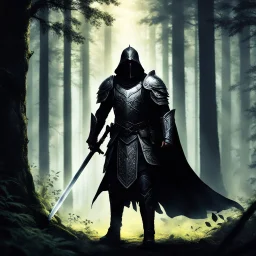 In the heart of the dense forest, a warrior emerges clad in dark armor, a figure of mystery and power. His eyes, gleaming with determination, pierce through the shadows as he wields a mighty sword that reflects the dappled light filtering through the canopy. The silence of the woods is broken by the sound of his steady footsteps, each one echoing with a sense of purpose and resolve.