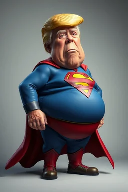 a thoroughly confused, frail, elderly and obese donald trump standing dressed as cartoon superman
