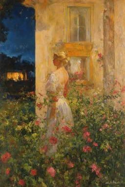 Night, vegetations, flowers, one woman looking at a distant house, mistery, gothic horror films influence, gustave caillebotte, and gustave moreau paintings