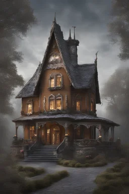 create a hiperrealistic picture of a exterior gingerbread house of a young witch like tim burton