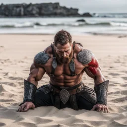 muscle viking back on his knees on a plazza, hands on the sand of the shore, ready to have his bloody back opened for execution and lungs open to the outside: this is the blood eagle ritual execution
