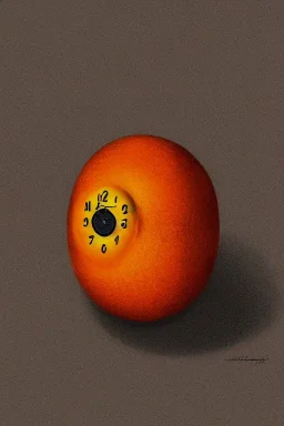 portrait, an orange with a clock embedded in its skin, AbstractTech clockpunk