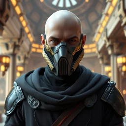 star wars bald male corellian jedi wearing gunmetal grey and black old republic armored flightsuit and breath mask with gold and metallic red trim inside the jedi temple, centered head and shoulders portrait, hyperdetailed, dynamic lighting, hyperdetailed background, 8k resolution, volumetric lighting, light skin, fully symmetric details