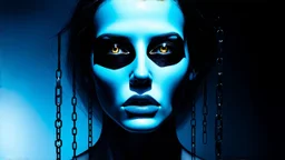 close up pale blue-white face with black shadow dark gold eyes, , void, hyper-realistic detail, floats in deep darkness, deep blue abyss, vertical shadows of five chains projected on her face, crepy stunning, surreal vibe with meticulous textures, dark shadow