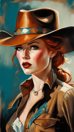 mysterious redhead woman 30yo in stunning cowgirl clothes by Gil Elvgren and Alex Ross and Carne Griffiths, detailed painting with dramatic shading