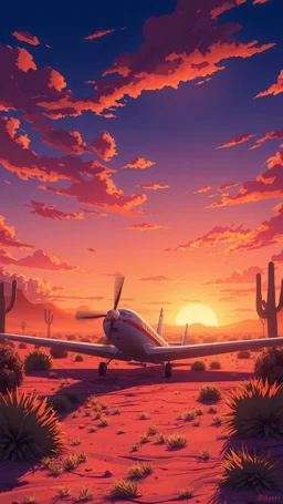 anime style, sunset, desert garden, a small airplane laying down and after crashed on the ground,cinematic view