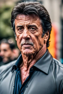 sylvester stallone, Photographed with Canon EOS R5, 50mm lens, depth of field, shutter speed 1/1000, f/2.8, white balance, 6000k. High resolution, realistic details, HDR effects, film grain, 4K