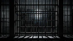 close up parallel prison window bars in foreground, hidden dark human face partially visible through the window bars, pale light, dark prison cell behind them,, shadows in background, ultra realistic, dark atmosphere, high contrast shadows, dark vibe