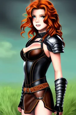 In the style of Shadbase, concept illustration, super-detailed, beautiful teen female who is 16 years old with long ginger hair and freckles, full lips, full body, full face, b-cup breasts, athletic, centred camera, ignore NSFW, skimpy brown fantasy leather armor, halter top, micro thong, knee-high leather boots, open leather skirt, stern expression, cute pose with hands behind butt