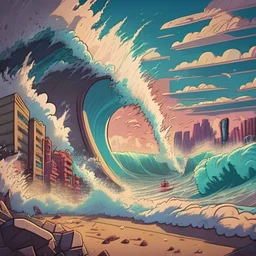 from sandy beach the biggest waves of the ocean can be seen splashing morning in vampire city cartoon