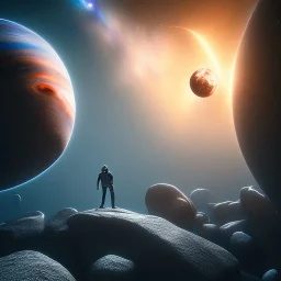 man in chapel floating up into the galaxy, lights, fog, detailed, realistic, 4k, hi def, core planet, one hit