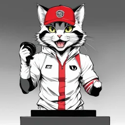 a drawing of a manga cat man with a sports cap and shirt, speaking at a (((lectern))) with a microphone, red, white and black colors, cat white and black colors, microphone in one hand, cat asking