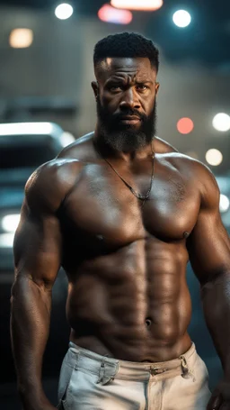 strong burly beefy nigerian mechanic 44 years old, curly hair, wet, short white beard, manly chest, hairy, shirtless in bulging dirty white boxer, big shoulders, tattoo, big calves, barefeet, angry, photorealistic, side light, inside a dark parking lot at night, side neon light, photoRealistic, view from the ground