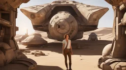 50-year-old woman in brown shorts, a shirt, and boots, standing next to a large Star Wars cargo spaceship, in an alien derelict town
