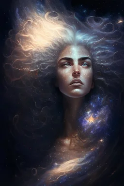 A beautifully-rendered portrait of a powerful, celestial figure, with flowing, star-studded hair and eyes that contain entire galaxies, set against a cosmic backdrop.